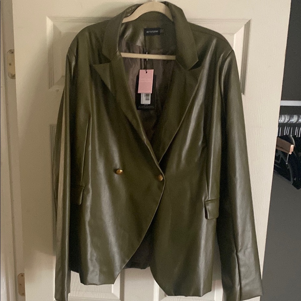 Faux Leather Olive Green Blazer Jacket